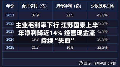 主业毛利率下行 江苏国泰上半年净利降近14% 经营现金流持续“失血	”-第2张图片