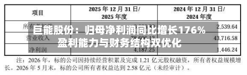 巨能股份:归母净利润同比增长176% 盈利能力与财务结构双优化