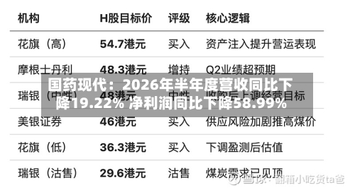 国药现代：2026年半年度营收同比下降19.22% 净利润同比下降58.99%